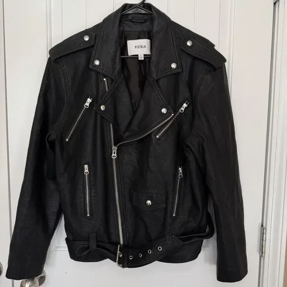 Pistola Blaine Boyfriend Moto Jacket Women Medium Black Faux Leather BikerGrunge - Picture 5 of 16